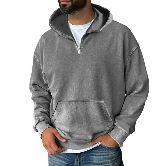 Evdexr Oversized Pullover Mens Quarter Zip Hoodie Kangaroo Pocket Distressed Fall Sweater 1/4 Zip Acid Washed Vintage Sweatshirt Boxy Lightweight Streetwear Gray XL