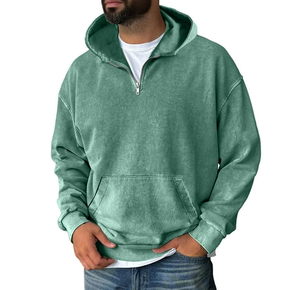 Evdexr Oversized Pullover Mens Quarter Zip Sweatshirt Distressed Acid Washed Fall Streetwear Baggy Kangaroo Pocket Polo Hoodie Plain Basic Fit Sweater Mint Green 2XL