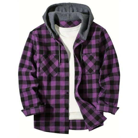 Evdexr Plaid Hoodies Men Flannel Jacket Hooded Button Down Fall Coats with Hood Long Sleeve Stylish Insulated Winter Hoodies with Pockets Purple XL
