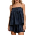 thumbnail image 1 of Evdexr Plaid Pajama Sets for Women Ruffle Hem Strap Babydoll Cami Top Wide Leg Shorts Set 2 Piece Loose Fit Lounge Suits Outfit Blue S, 1 of 3