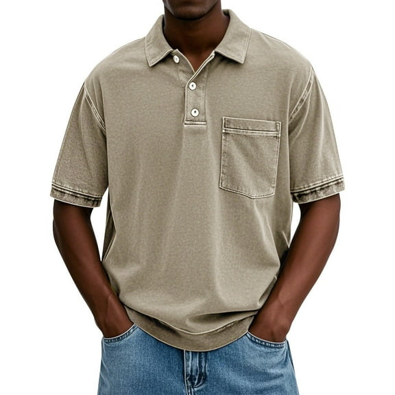 Evdexr Polo Shirts Mens Mokaloha Distressed T-Shirt Solid Color Vintage Acid Wash Beach Tops Stylish Washed Lapel Henley Short Sleeve Shirt with Pockets Khaki XL