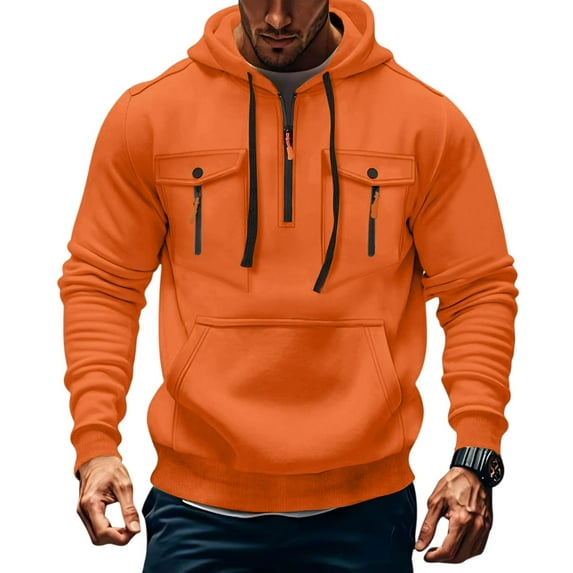Evdexr Quarter Zip Pullover Mens Big and Tall Tactical Hoodies Fall Long Sleeve Drawstring Athletic Hoody Winter Kangaroo Pockets Weighted Loose Fit Sweatshirt Orange M