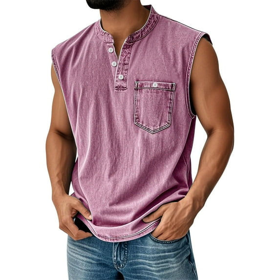 Evdexr Shirts for Men Casual Relaxed Fit Solid Button Down Sleeveless Hawaiian T-Shirt Henley Plain Big and Tall Tanks Trendy Lapel Tee with Pockets Pink XL