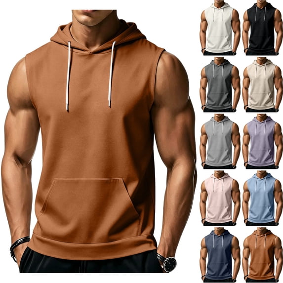 Evdexr Sleeveless Hooded Tank Tops for Men Workout Gym Training Hoodies Bodybuilding Muscle Cut Off T-Shirts Ginger L