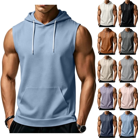 Evdexr Sleeveless Hooded Tank Tops for Men Workout Gym Training Hoodies Bodybuilding Muscle Cut Off T-Shirts Light Blue 3XL