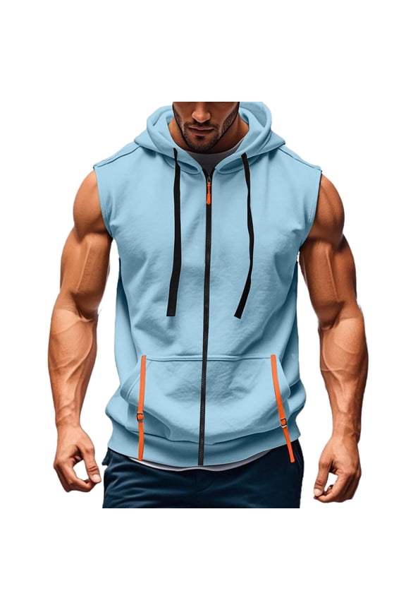 Sleeveless Hoodie Men Zip Up Tank Tops Solid Drawstrings Workout Hooded Pullover Chest Pockets Big and Tall Lightweight Muscle Fit Sweatshirts Light Blue S