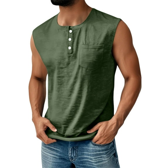 Evdexr Sleeveless Shirts for Men Hipster Solid Colour Henley Mokaloha Shirt Quick Dry Button Down Vintage Shirt Muscle Fit Beach T Shirt Fashion with Pockets Army Green L