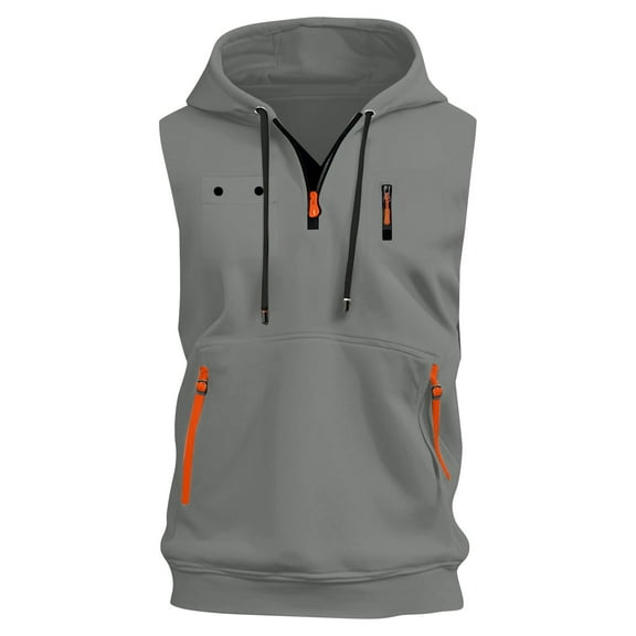 Evdexr Sleeveless Workout Hoodie Men Zip Up Drawstring Hooded Sweatshirt Solid Cut Off Hawaiian Tanks Adjustable Big and Tall Trendy T Shirts with Pocket Light Gray L