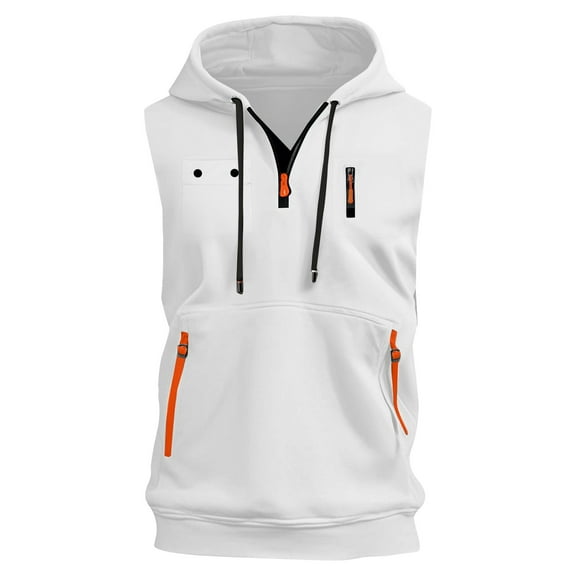 Evdexr Sleeveless Workout Shirts for Men Zip Up Drawstring Hooded Tanks Solid Bodybuilding Hawaiian Sweatshirt Adjustable Muscle 2025 T Shirts with Pocket White 3XL