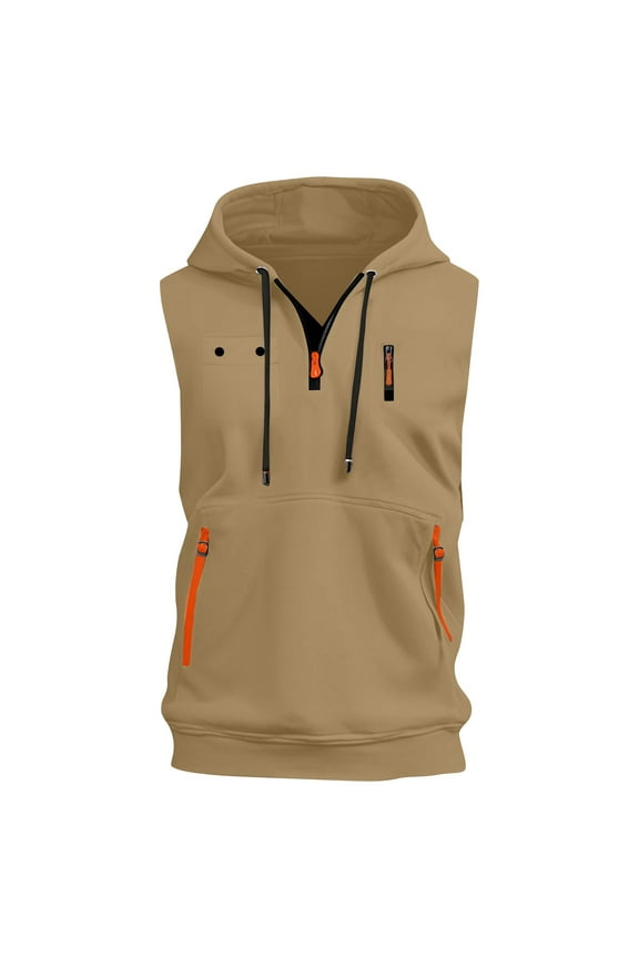 Sleeveless Zip Up Hoodies for Men Workout Hooded Solid Tanks Drawstring Cut Off Running Sweatshirt Loose Fit Muscle Trendy T Shirts with Pocket Earthy Yellow M