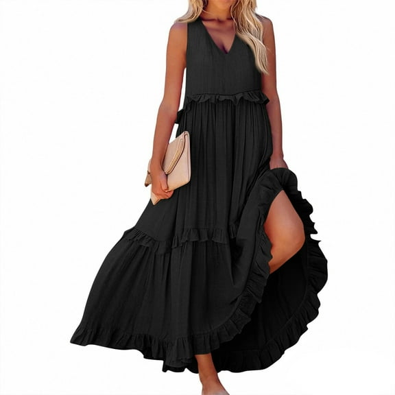 Evdexr Sun Dresses for Women 2025 Vacation Ruffle Tiered Flowy Maxi Dresses Beach Wedding Guest Dress with Pockets Black 2XL