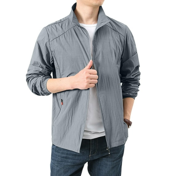Evdexr Sun Protection Rain Jacket Mens Lightweight Coats Zip Up Waterproof Running Windbreaker Long Sleeve Solid Collar Upf 50+ Packable Overcoat with Pockets Dark Gray 3XL
