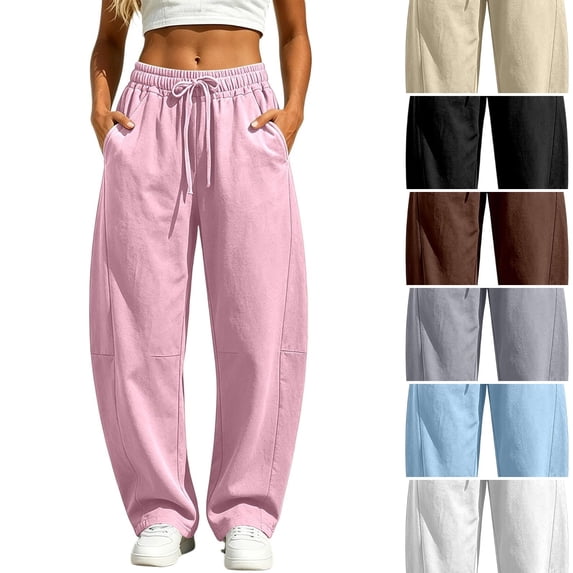 Evdexr Sweatpants for Women Solid Drawstring Elastic Waist Pants Barrel Baggy Wide Leg Comfy Trousers Trendy Comfortable Soft Joggers with Pockets Pink S