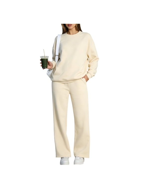 Sweatsuits Womens 2 Piece Long Sleeve Crew Neck Pullover & Joggers Track Suits 2026 Fall Casual Athleisure Drop Shoulder Loose Fit Outfits S