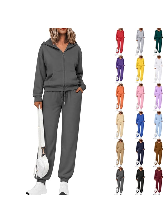 Sweatsuits Womens 2 Piece Sets Zip Up Long Sleeve Hooded Jacket & Sweatpants Tracksuits Fall 2026 Baggy Workout Lounge Lounge Set with Pockets S