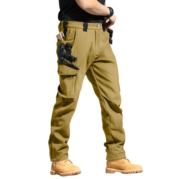 Evdexr Tactical Joggers Men Cargo Camo Pants Fleece Ripstop Hunting Trousers Winter Buckle Zippe Camouflage Sweatpants Solid Multi Pockets Pant Khaki L