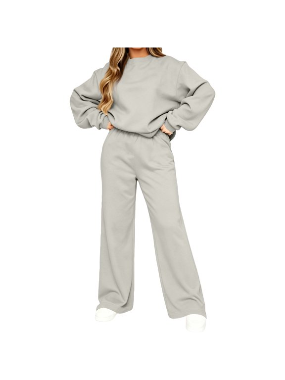 Track Suits Womens 2 Piece Long Sleeve Crew Neck Sweatshirt & Joggers Sweatsuits 2026 Winter Casual Travel Oversized Solid Color Outfits 2XL