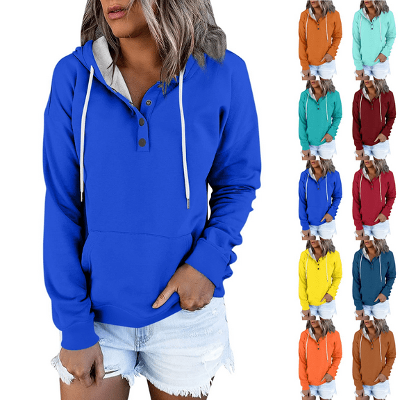 Evdexr Trendy Women's Plus Size Hoodies Buttons Collar Hooded Sweatshirts Winter Drawstring Pullover Tops with Kangaroo Pocket Blue S
