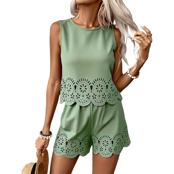 Evdexr Two Piece Sets for Women Summer Shorts Sleeveless Eyelet Embroidery Lounge Suits Scalloped Hem Comfortable Outfit Set with Pockets Green XS