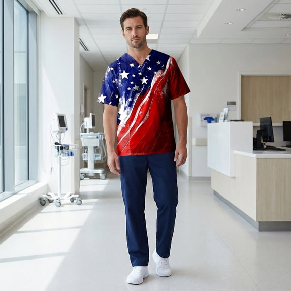 Evdexr Usa 250th Anniversary Scrub Tops Mens Stars Stripes Short Sleeve 4th Of July Scrubs Red Blue and White V Neck Stretch Usa Flag Patriotic Medical Uniforms 4XL
