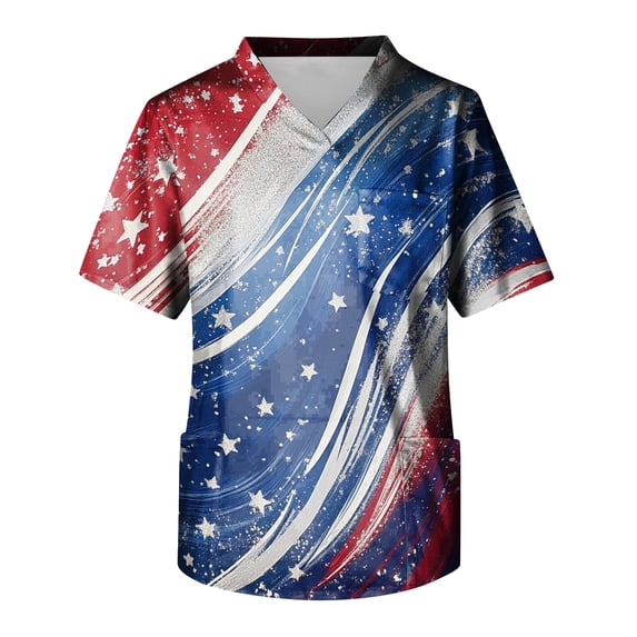 Evdexr Usa 250th Anniversary Scrubs Mens 1776 2026 V Neck Independence Day Scrub Tops Red Blue and White Short Sleeve Stretch Stars Stripes Forth Of July Medical Uniforms L