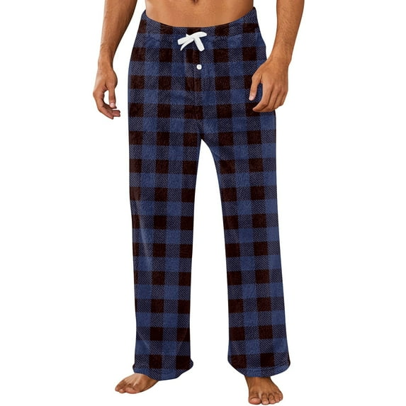 Evdexr Wide Leg Pants Mens Plaid Cotton Sleepwear Plus Size Drawstring Chrismas Pajamas Lounge Twill Flannel Lounge Loose Fit Pj Pants with Pockets Dark Blue S
