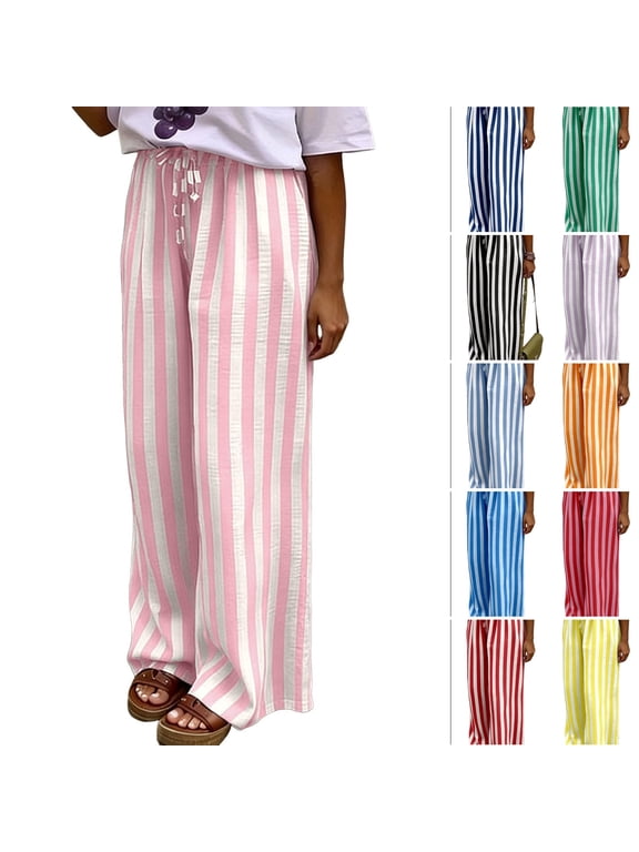 Wide Leg Pants Womens Striped Drawstring Palazzo Pants 2026 Summer Baggy Casual Pant Straight Plus Size Flowy Dressy Trousers S