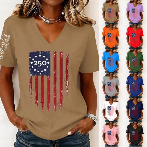 Evdexr Woens 250th Anniversary Usa T Shirt 4th Of July Short Sleeve Shirts Patriotic V Neck Red Blue and White Tops 1776 2026 Stars and Stripes Plus Size Tees Blue XL