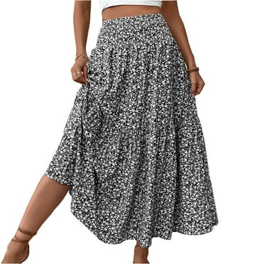 Evdexr Women Floral Maxi Skirt Smocked High Waist Cotton Flowy Long Skirts Summer Boho Beach Hawaiian Vacation A Line Skirt Black L