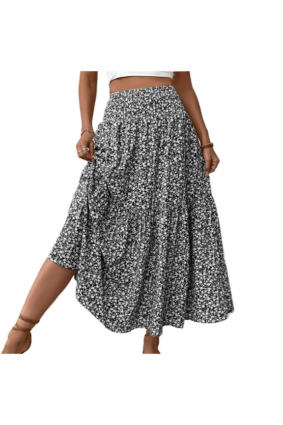 Women Floral Maxi Skirt Smocked High Waist Cotton Flowy Long Skirts Summer Boho Beach Hawaiian Vacation A Line Skirt Black L