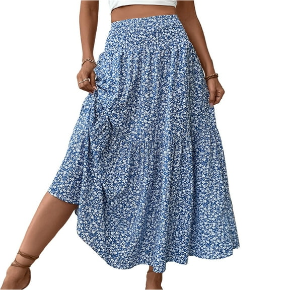 Evdexr Women Floral Maxi Skirt Smocked High Waist Cotton Flowy Long Skirts Summer Boho Beach Hawaiian Vacation A Line Skirt Blue S