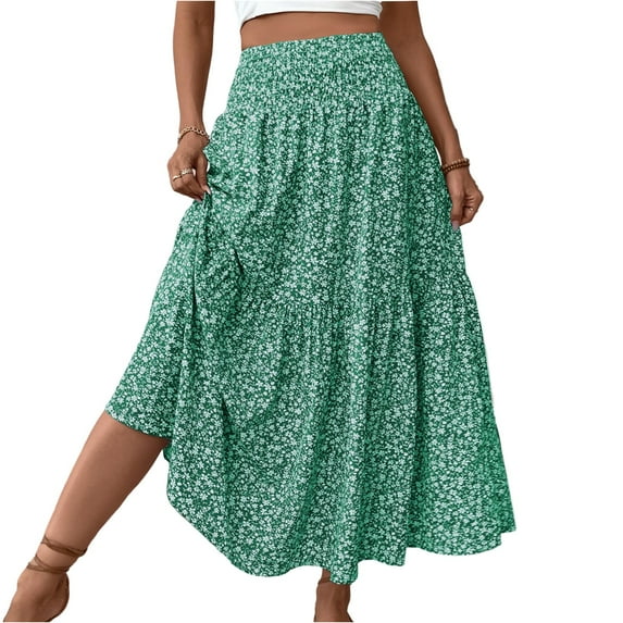 Evdexr Women Floral Maxi Skirt Smocked High Waist Cotton Flowy Long Skirts Summer Boho Beach Hawaiian Vacation A Line Skirt Green XL