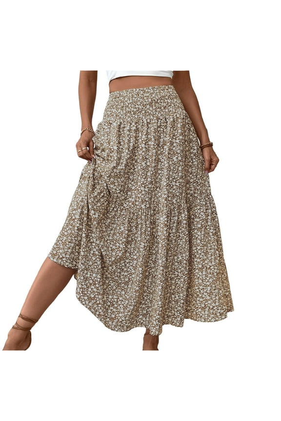 Women Floral Maxi Skirt Smocked High Waist Cotton Flowy Long Skirts Summer Boho Beach Hawaiian Vacation A Line Skirt Khaki L