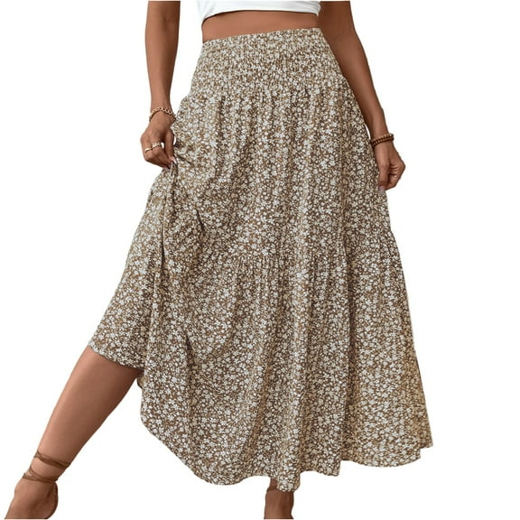 Evdexr Women Floral Maxi Skirt Smocked High Waist Cotton Flowy Long Skirts Summer Boho Beach Hawaiian Vacation A Line Skirt Khaki M