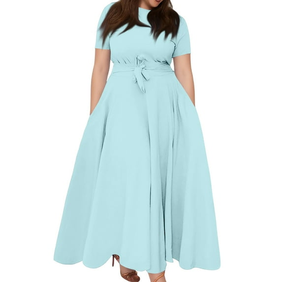 Evdexr Long Maxi Dresses for Women Plus Size Solid Color Dress Short Sleeve Crew Neck Dresses Light Blue 5XL