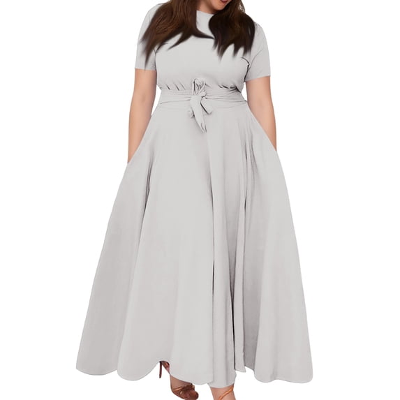 Evdexr Long Maxi Dresses for Women Plus Size Solid Color Dress Short Sleeve Crew Neck Dresses Light Gray 5XL