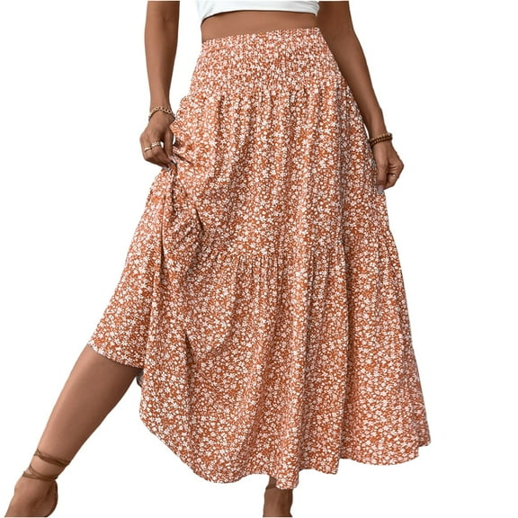 Evdexr Women Floral Maxi Skirt Smocked High Waist Cotton Flowy Long Skirts Summer Boho Beach Hawaiian Vacation A Line Skirt Orange M