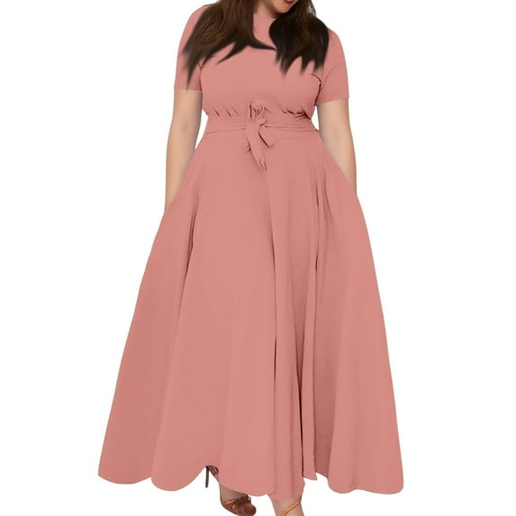 Evdexr Long Maxi Dresses for Women Plus Size Solid Color Dress Short Sleeve Crew Neck Dresses Pink 5XL