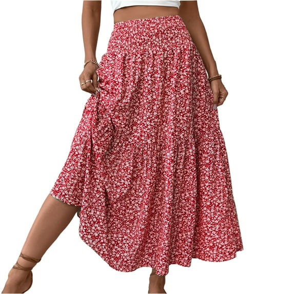 Evdexr Women Floral Maxi Skirt Smocked High Waist Cotton Flowy Long Skirts Summer Boho Beach Hawaiian Vacation A Line Skirt Red M