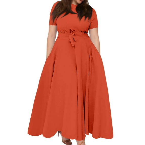 Evdexr Long Maxi Dresses for Women Plus Size Solid Color Dress Short Sleeve Crew Neck Dresses Saffron XL