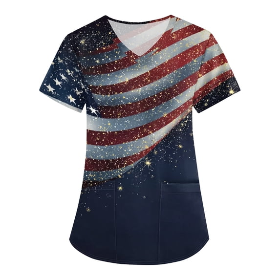 Evdexr Women's 250 Anniversary Usa Scrub Tops 1776 2026 V Neck Scrubs 4th Of July Short Sleeve Red Blue and White Shirts Floral Workwear with Pockets Blue M