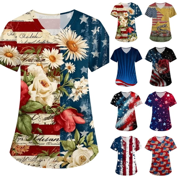 Evdexr Women's 250 Anniversary Usa Scrub Tops Patriotic Short Sleeve Scrubs 1776 2026 V Neck Stars and Stripes Nursing Uniforms Floral Workwear with Pockets Multicolor 3XL