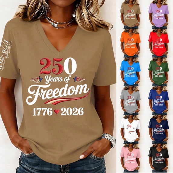 Evdexr Women's 250 Anniversary Usa Shirts Patriotic Short Sleeve T Shirt 1776 2026 V Neck Red Blue and White Tops 4th Of July Stars and Stripes Plus Size Tees Red M