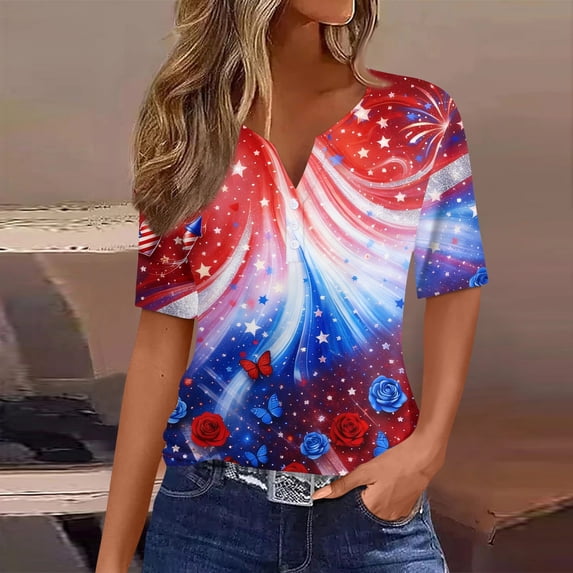 Evdexr Women's 250 Anniversary Usa T Shirts 1776 2026 Short Sleeve Shirts 4th Of July Henley Stars and Stripes Tops Patriotic Button Down Casual Shirt Light Blue S