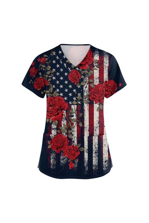 Women's 250th Anniversary Usa Scrubs 1776 2026 Short Sleeve Scrub Tops Patriotic V Neck Usa Flag Shirts Plus Size Nursing Uniforms with Pockets Light Blue S