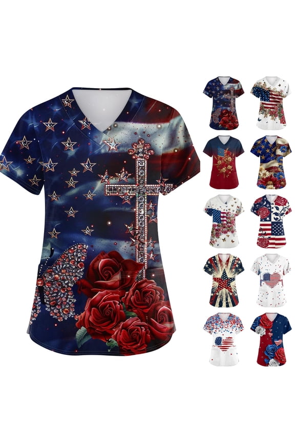 Women's 250th Anniversary Usa Scrubs Patriotic Short Sleeve Scrub Tops 4th Of July V Neck Usa Flag Nursing Uniforms Stretch Shirts with Pockets Deep Red S
