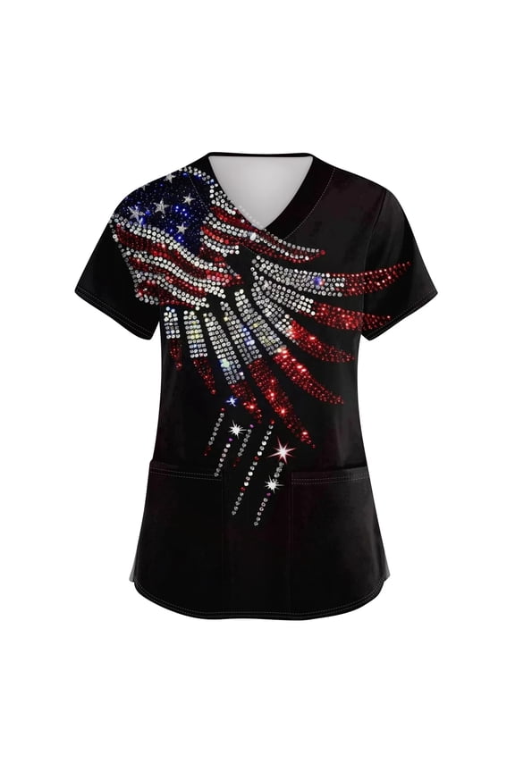 Women's 250th Anniversary Usa Scrubs Patriotic V Neck Scrub Tops 4th Of July Short Sleeve Usa Flag Nursing Uniforms Stretch Shirts with Pockets Blue S
