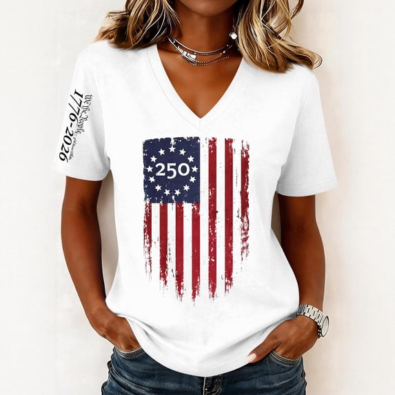 Evdexr Women's 250th Anniversary Usa T Shirt 1776 2026 Short Sleeve Shirts Patriotic V Neck Stars and Stripes Tops 4th Of July Red Blue and White Loose Fit Tees White M