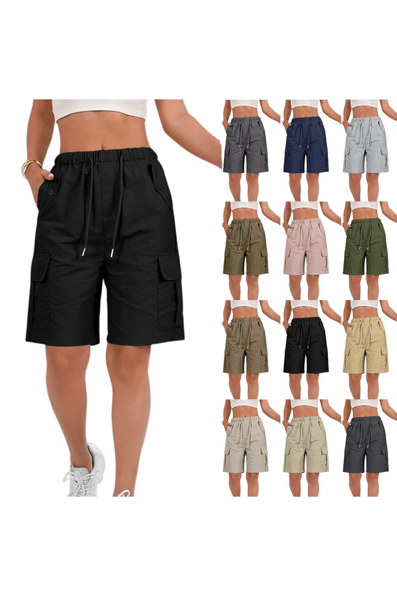 Women's Bermuda Shorts Hiking Cargo Shorts Knee Length Waterproof Outdoor Golf Shorts 2025 Drawstring High Rise Relaxed Fit Short Pants Dark Gray L