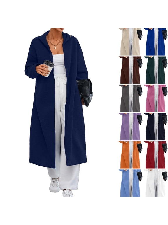 Women's Cardigan Long Oversized Open Front Long Sleeve Hooded Coatigans Coat Trendy Fall Winter Warm Outerwear Sweatshirts with Pockets Dark Blue M